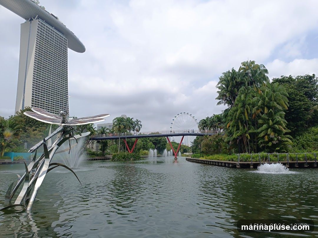 A scenic view of Gardens by the Bay in Singapore, featuring the iconic Marina Bay Sands hotel in the background. In the foreground, a large metallic dragonfly sculpture stands in a body of water with fountains spraying. A pedestrian bridge with people walking on it spans across the water, with a Ferris wheel visible in the distance. Lush greenery and palm trees surround the area, under a cloudy sky. The date stamp "15-01-2026 13:08" is visible in the bottom right corner.