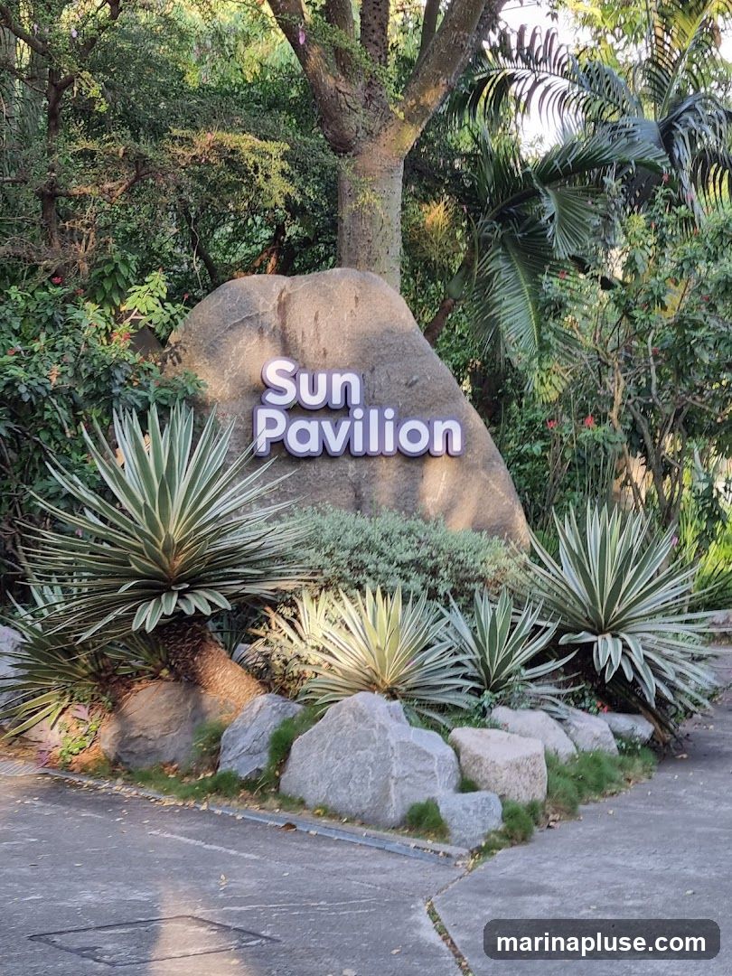 A large rock with the words "Sun Pavilion" illuminated in white letters is surrounded by lush greenery and tropical plants. The rock is situated in a garden-like setting with various types of agave plants and smaller rocks at its base. The lighting suggests it is either early morning or late afternoon, casting shadows and highlighting the textures of the plants and rock.