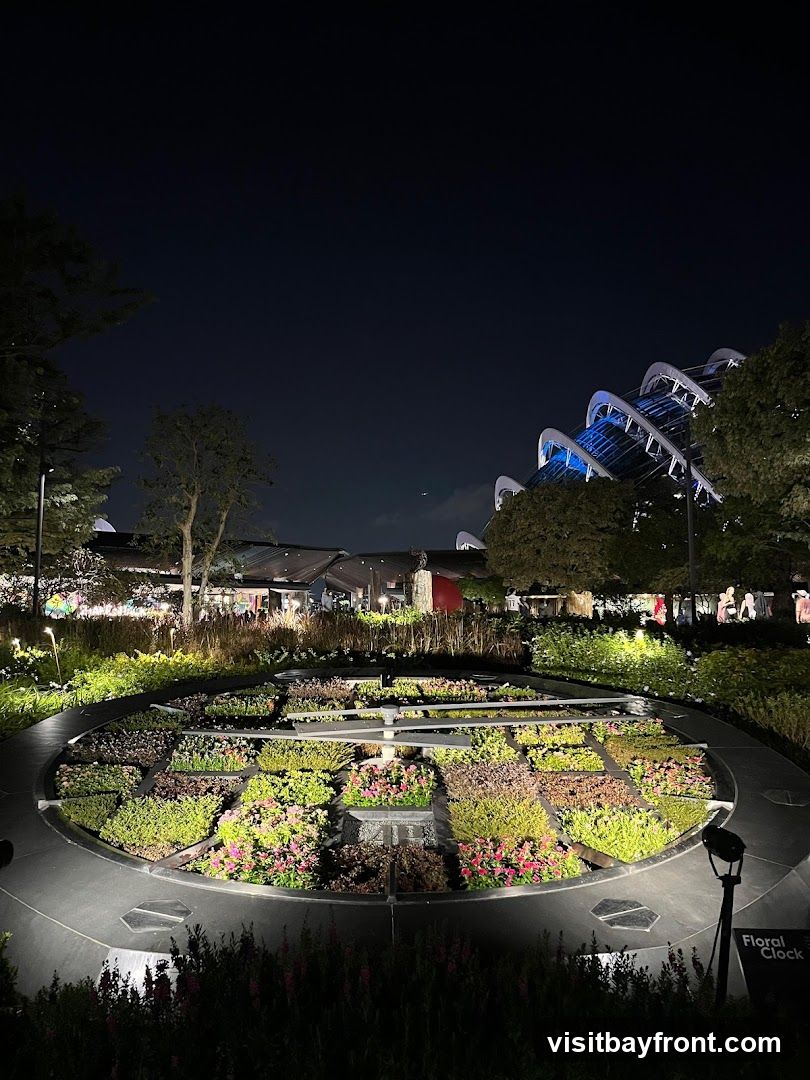 A large floral clock is illuminated at night, with various plants arranged in sections. In the background, trees and buildings are visible, with a large, modern structure featuring blue lighting.