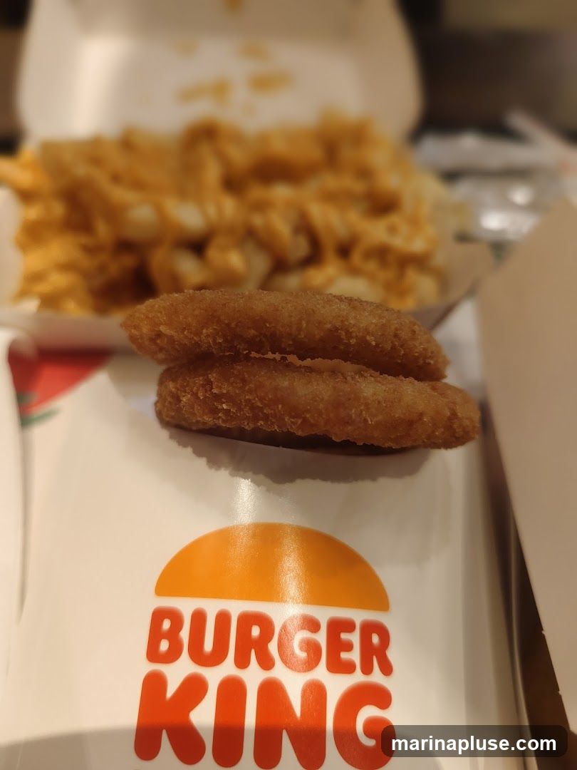 Two chicken fries are placed on top of a Burger King branded wrapper. In the background, a container of french fries covered in cheese sauce is visible.