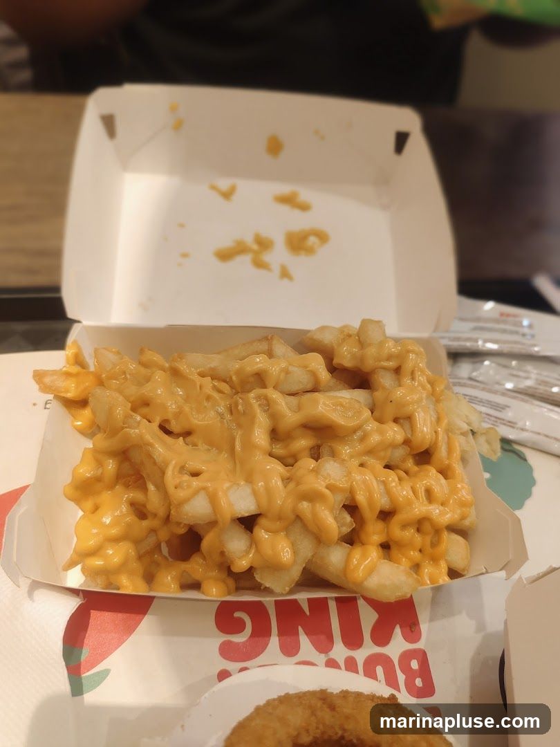 A close-up shot of cheese fries in a white paper container. The fries are golden brown and generously covered in melted cheese sauce. The container is placed on a tray with a Burger King logo visible.