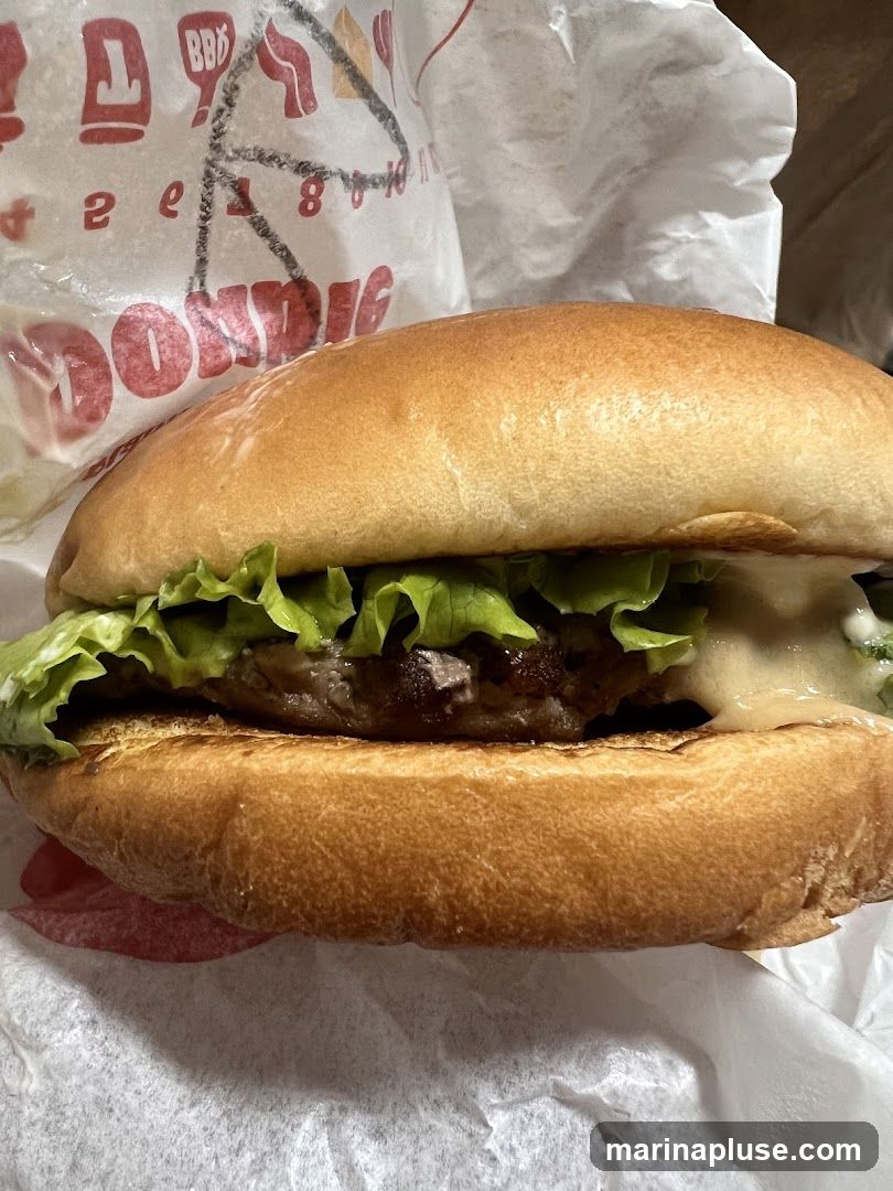 A close-up shot of a burger with lettuce and sauce, wrapped in white paper with red lettering and graphics. The paper appears to be from a fast-food establishment.