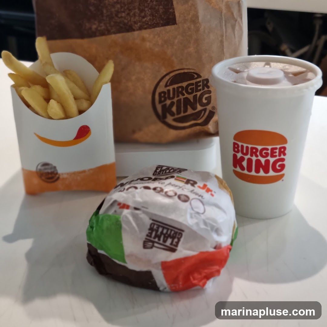 A Burger King meal consisting of a burger, french fries, and a drink. The burger is wrapped in paper with the Burger King logo and "Flame Grilled" visible. The french fries are in a white and orange carton with a cartoon tongue sticking out. The drink is in a white cup with the Burger King logo. A brown paper bag with the Burger King logo is in the background.