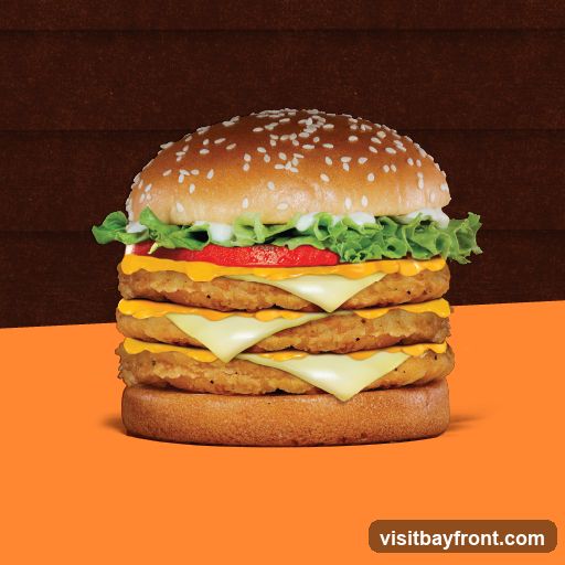 A tall triple cheeseburger with sesame seed bun, lettuce, tomato, cheese, and three patties.
