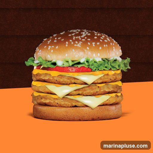 A tall triple cheeseburger with sesame seed bun, lettuce, tomato, cheese, and three patties.