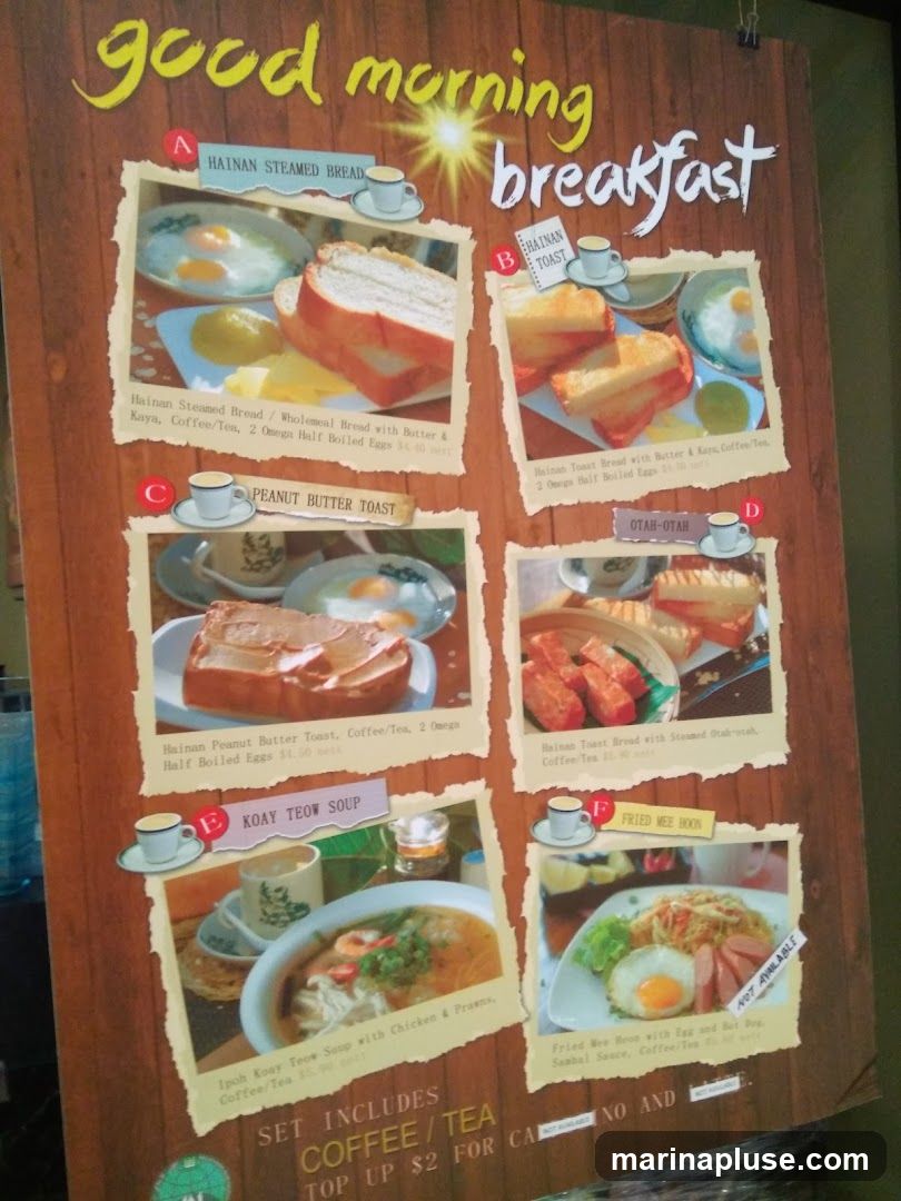 A menu board displaying various breakfast sets.