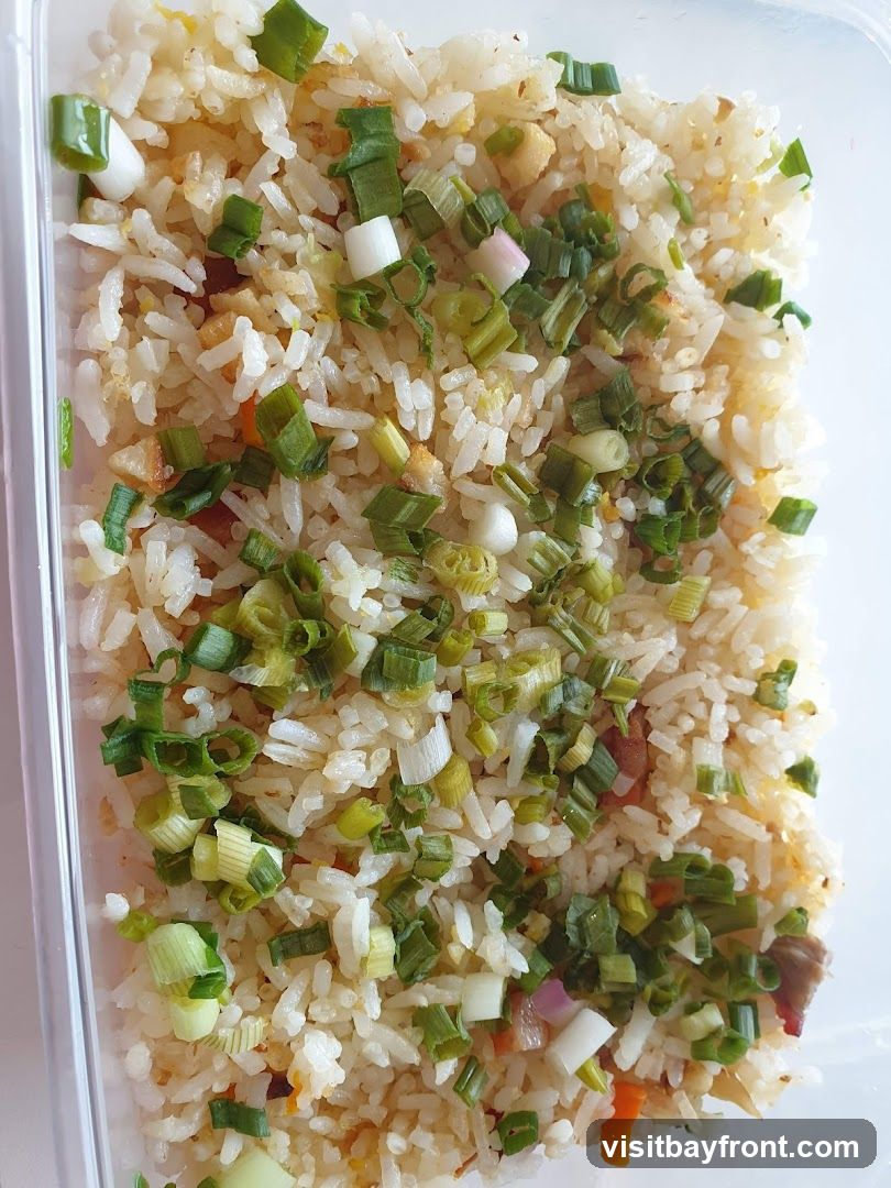 A close-up overhead view of fried rice in a clear plastic container. The rice is mixed with small pieces of vegetables and meat, and generously topped with chopped green onions and some white onion pieces.