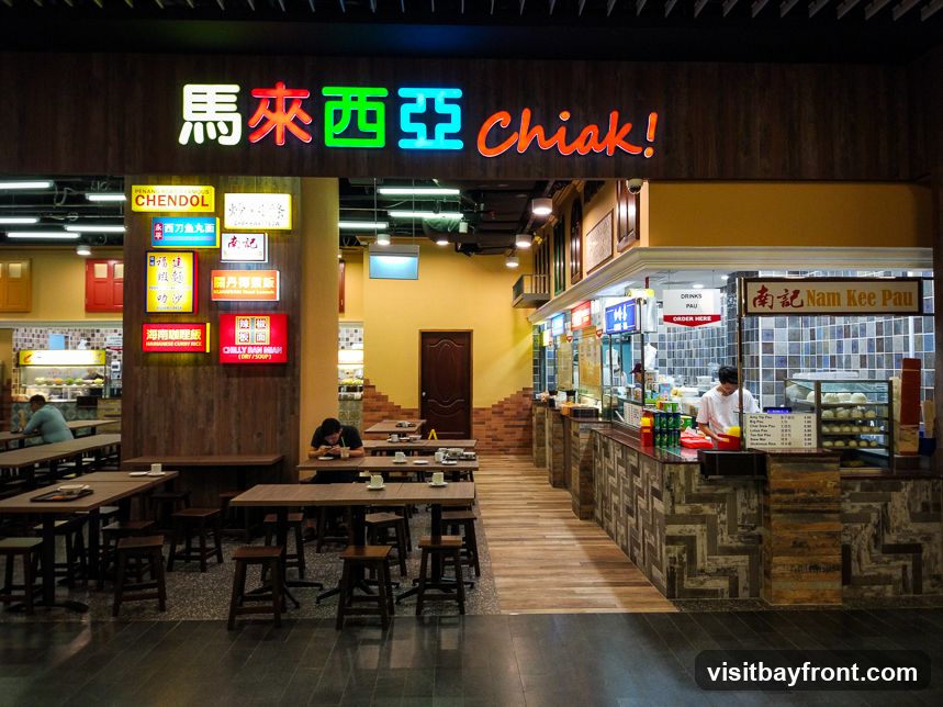 A food court stall with a prominent sign reading "馬來西亞 Chiak!". Various smaller signs display menu items like "PENANG FAMOUS CHENDOL", "西刀鱼丸面", "蝦麵", "叻沙", "關丹椰漿飯", "海南咖哩飯", and "CHILLY BAN MIAN (DRY/SOUP)". To the right, another stall is labeled "Nam Kee Pau" with a menu visible. Seating areas with tables and stools are set up in front of the stalls.