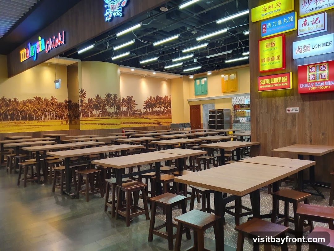 An indoor food court with many tables and stools. The walls are decorated with a mural of palm trees and a rice field. There are several illuminated signs displaying food items in English and Chinese, such as 'Seafood Soup', 'Char Kway Teow', 'Chicken Rice', 'Curry Chicken Mee', 'Hainanese Curry Rice', 'Nam Kee Pau', 'Loh Mee', and 'Chilly Ban Mian (Dry/Soup)'. The overall ambiance is casual and functional.