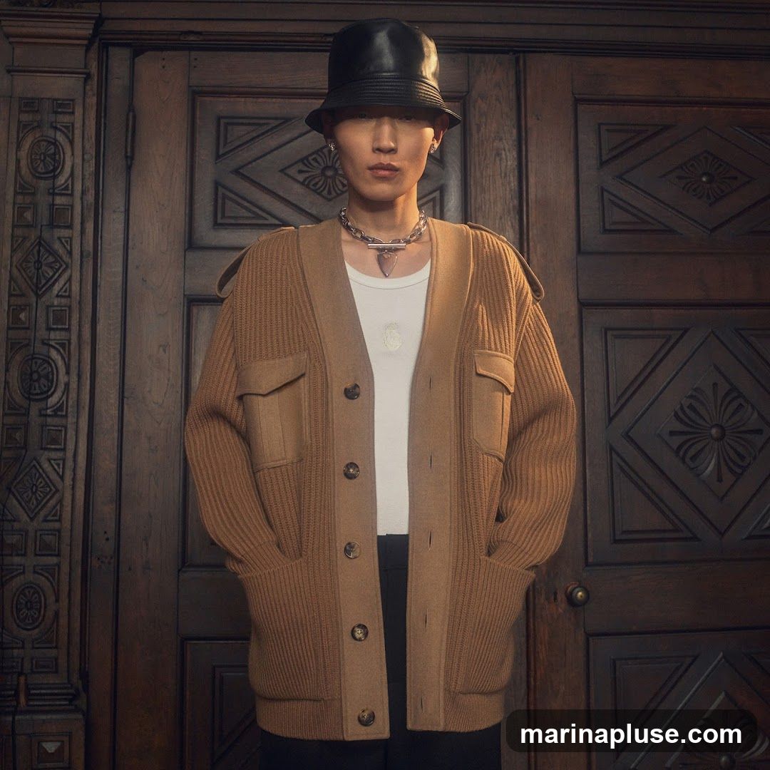 A person wearing a black bucket hat, a white t-shirt, a brown knit cardigan with pockets, and black pants stands in front of a dark wooden door with ornate carvings. The person is wearing a silver necklace.