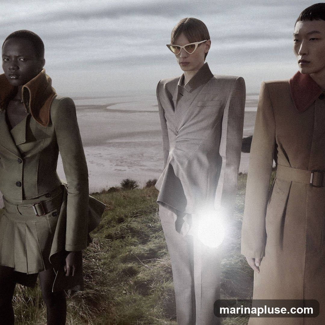 Three models stand in a grassy, outdoor landscape with a body of water in the background. The model on the left wears a green jacket and pleated skirt. The central model wears a grey plaid suit and cat-eye sunglasses, holding a bright light source. The model on the right wears a tan coat.