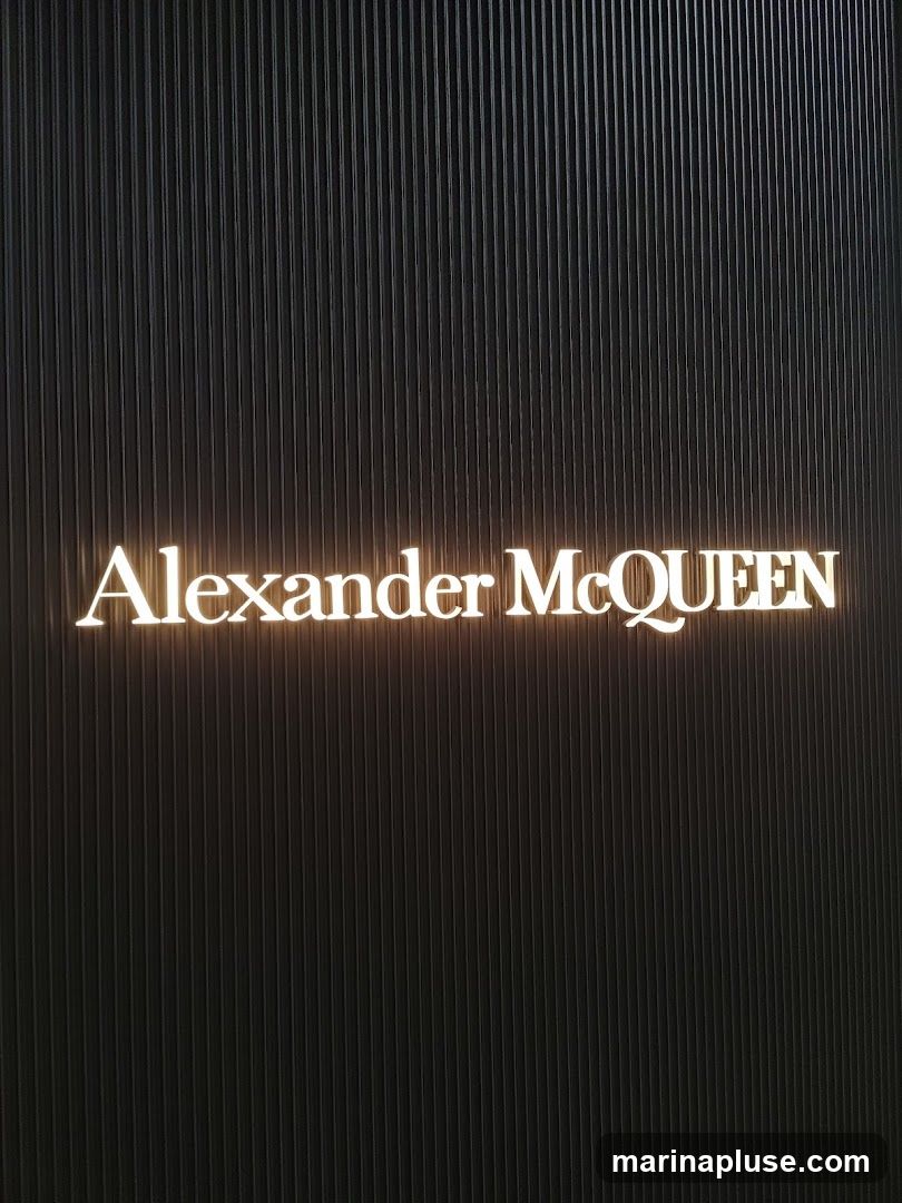 A close-up shot of the Alexander McQueen logo illuminated against a dark, ribbed background.