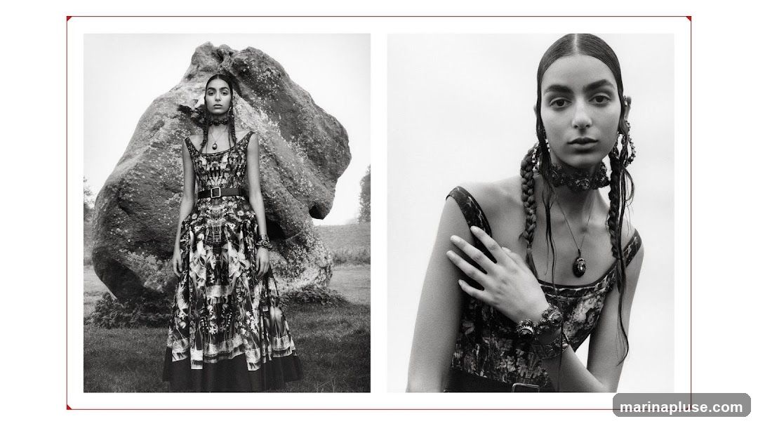 A black and white fashion editorial featuring a model in a patterned dress and elaborate jewelry. The left image shows the model standing in front of a large rock formation, while the right image is a close-up of her face and upper body.