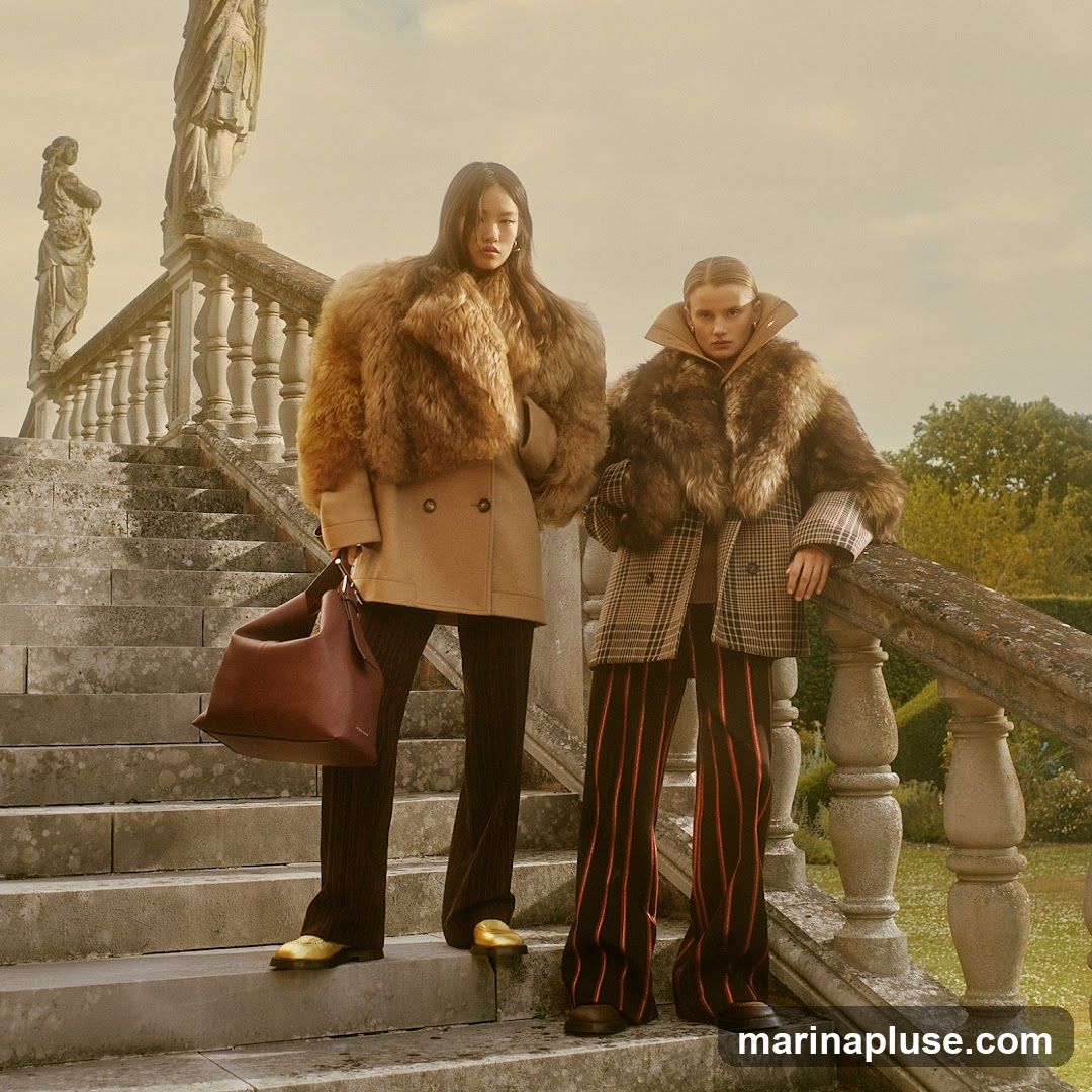 Two models stand on a grand stone staircase, posing for a fashion shoot. The model on the left wears a tan double-breasted coat with a large fur collar and carries a burgundy handbag. She has on dark, wide-leg trousers and gold shoes. The model on the right wears a plaid jacket with a fur collar, dark trousers with red stripes, and brown shoes. They are outdoors, with classical statues and balustrades visible, suggesting a historic or opulent setting. The background shows trees and a soft, hazy sky.