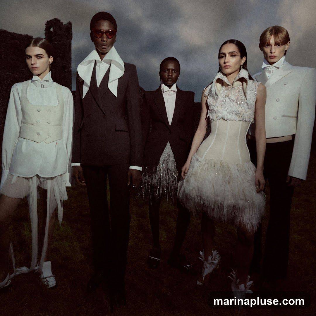 Five models stand in a field with a ruined stone structure in the background under a cloudy sky. The models are dressed in avant-garde formal wear. The model on the far left wears a white ensemble with a vest and sheer skirt. The second model from the left wears a dark suit with a large white collar and red heart-shaped sunglasses. The third model from the left wears a dark suit with a fringed skirt. The fourth model from the left wears a cream-colored corset with a feathered skirt. The model on the far right wears a white cropped jacket and trousers.