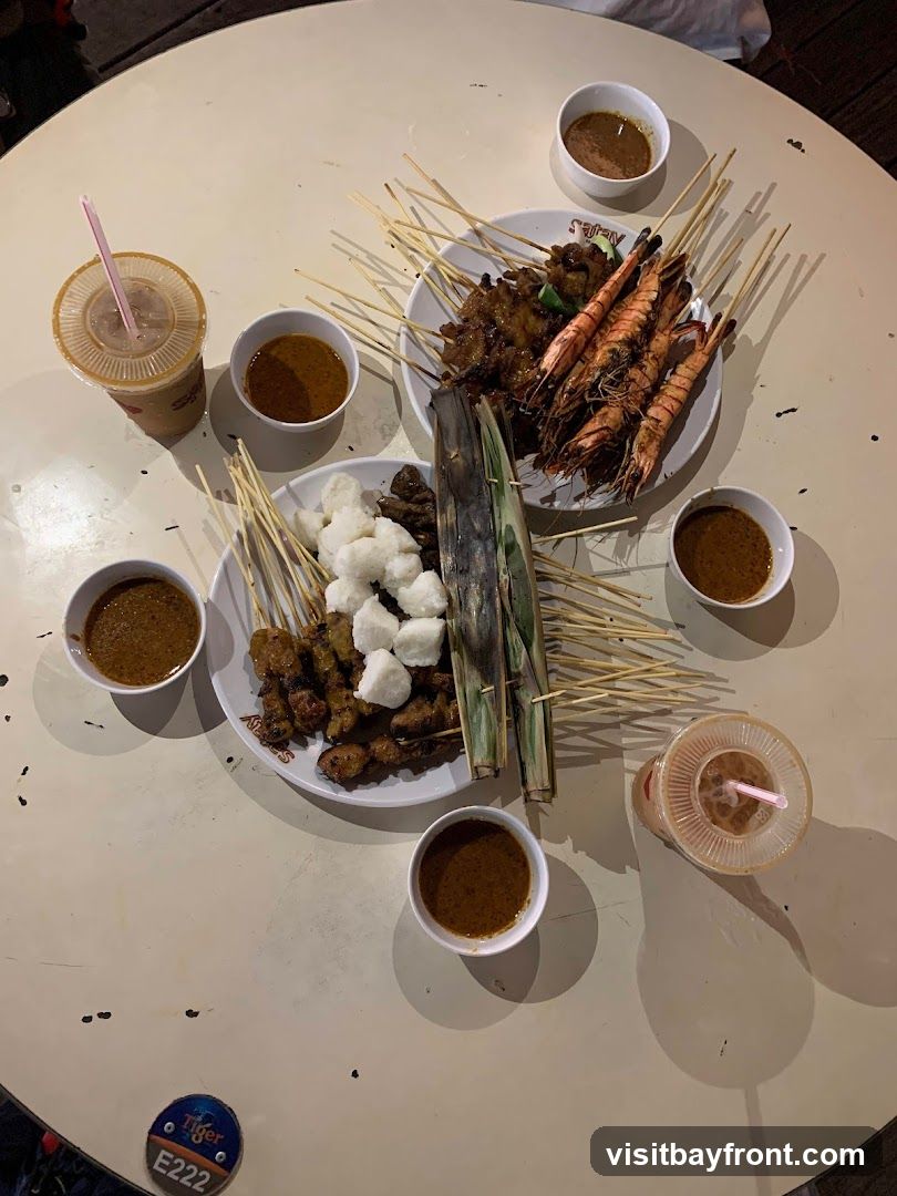 A top-down view of a table laden with plates of satay, grilled prawns, rice cakes, and small bowls of peanut sauce. Two iced drinks with straws are also visible. A coaster with a Tiger beer logo is on the table.