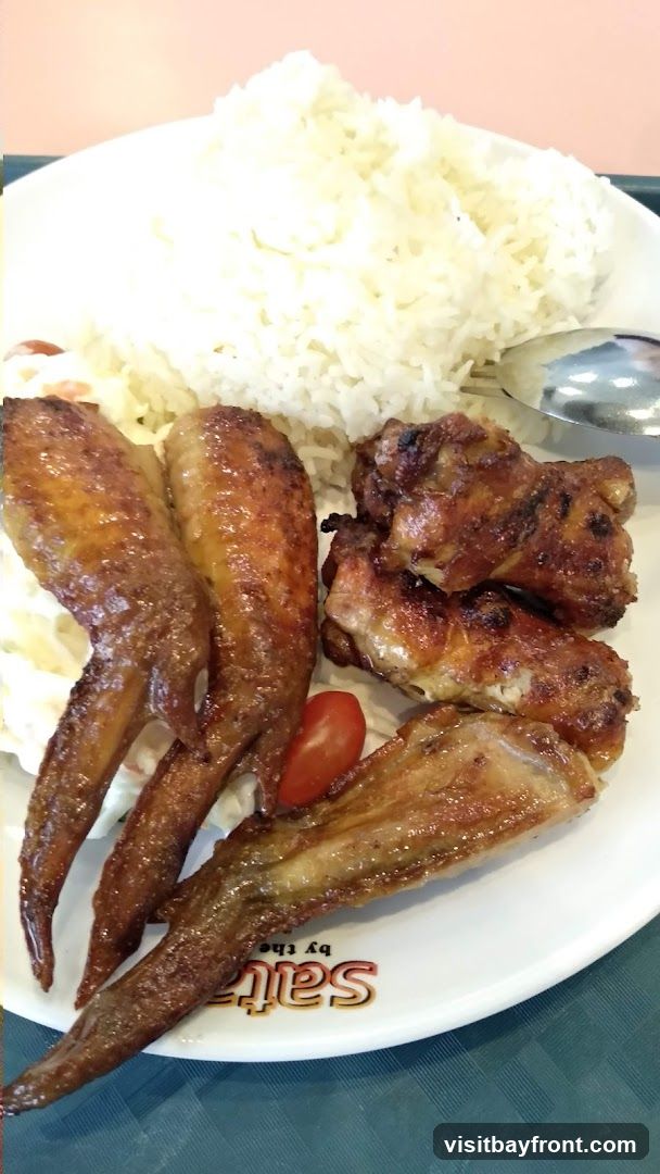 A plate of white rice is served with several pieces of grilled chicken wings and a small portion of coleslaw. A cherry tomato is placed on top of the coleslaw. The plate has a logo that reads "salt by the".