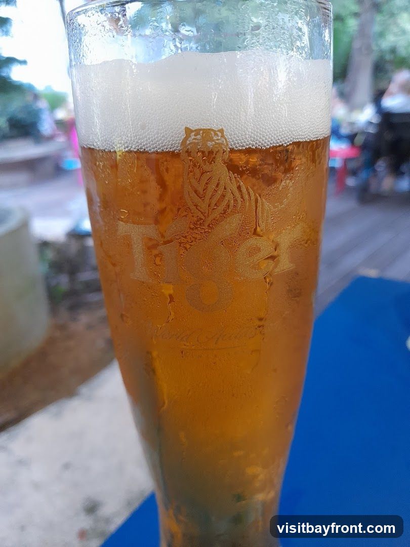 A close-up shot of a tall, condensation-covered glass filled with golden beer and topped with a frothy white head. The glass is embossed with the Tiger beer logo, featuring a tiger illustration and the brand name. In the blurred background, an outdoor seating area with people and tables is visible.