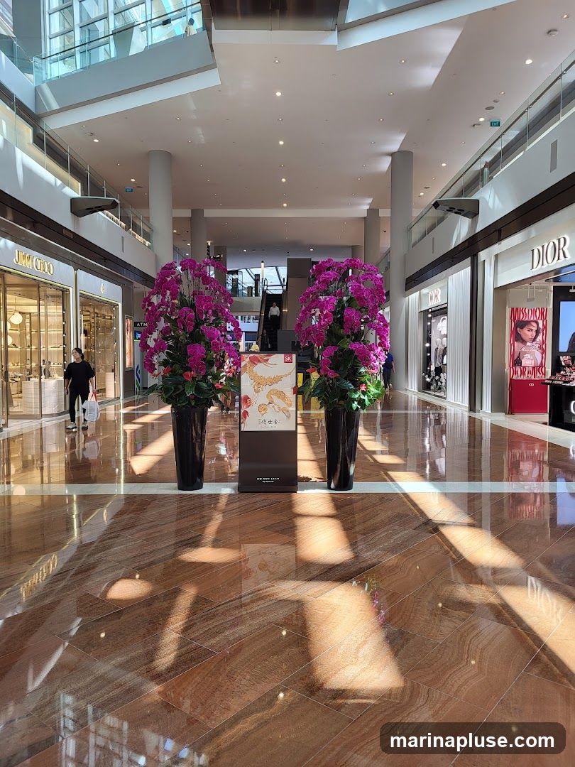 A wide shot of a modern shopping mall interior. The polished wooden floor reflects the sunlight streaming in from above. In the center, two large black vases hold vibrant pink floral arrangements. Between them, a display stand shows some text and graphics. On either side of the walkway, various luxury brand stores are visible, including JIM CHOO and DIOR. People are seen walking through the mall.