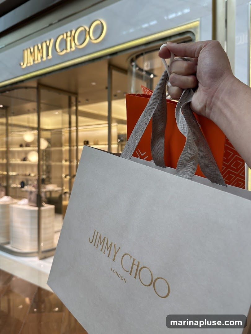 A hand holds shopping bags in front of a Jimmy Choo store. The store has a large, illuminated sign that reads "JIMMY CHOO" above a glass facade displaying merchandise. The shopping bags also feature the Jimmy Choo logo.