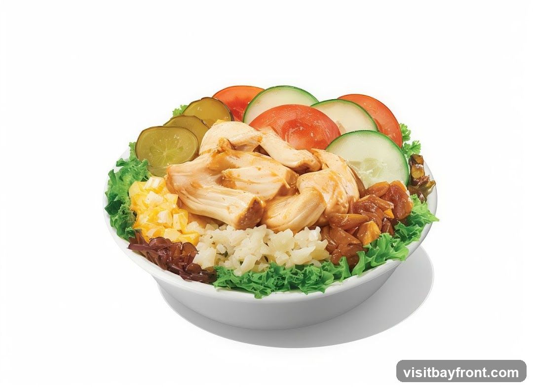 A white bowl filled with a salad. The salad contains lettuce, shredded chicken, diced cheese, rice, pickles, tomatoes, and cucumbers.