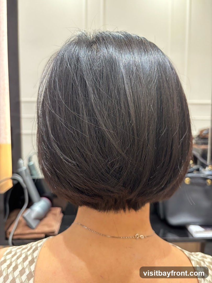 The image shows the back of a woman's head with a neatly cut bob haircut. Her dark hair is smooth and appears to be freshly styled. In the background, a hairdryer and towels are visible, suggesting the photo was taken in a salon or hair studio. A portion of the woman's shoulder and neck, adorned with a delicate necklace, is also visible.