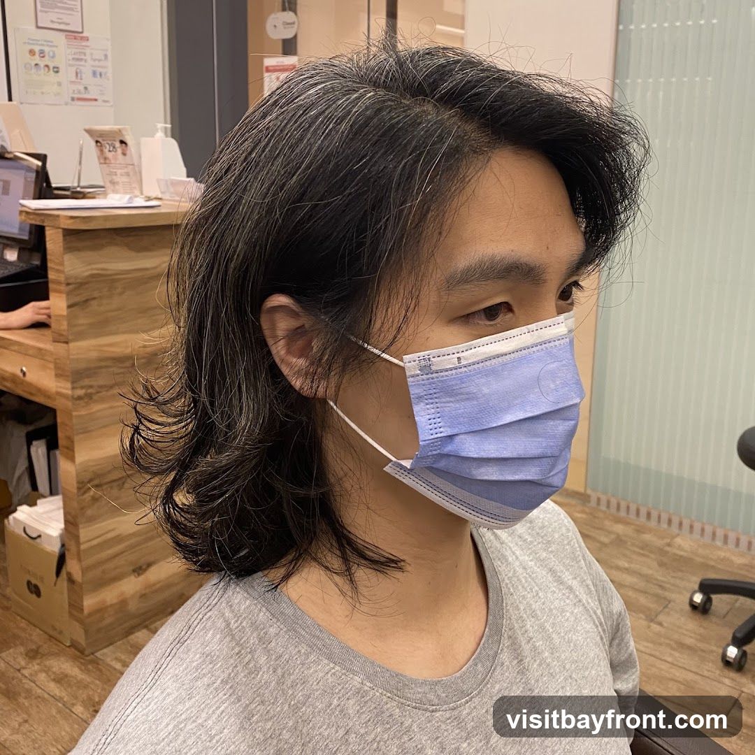 A person wearing a blue surgical mask and a grey t-shirt. The person has long, dark hair with some grey streaks. The background appears to be an indoor setting, possibly a salon or office, with wooden furniture and a computer monitor visible.