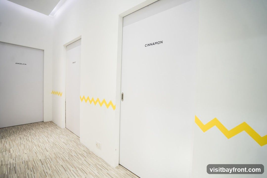 A clean and modern interior hallway with white walls and a light-colored wood-plank floor. Three doors are visible, each labeled with a name in black text: 'ANGELICA', 'BARLEY', and 'CINNAMON'. A yellow zigzag pattern runs along the lower portion of the walls next to the 'BARLEY' and 'CINNAMON' doors.