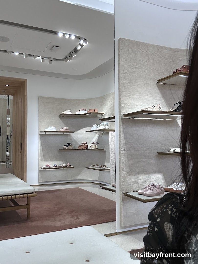 A well-lit shoe store interior with shelves displaying various footwear. The shelves are arranged on textured walls, and the floor is covered with a plush rug. Seating areas with benches are visible. The overall ambiance is clean and modern, with a focus on product display.