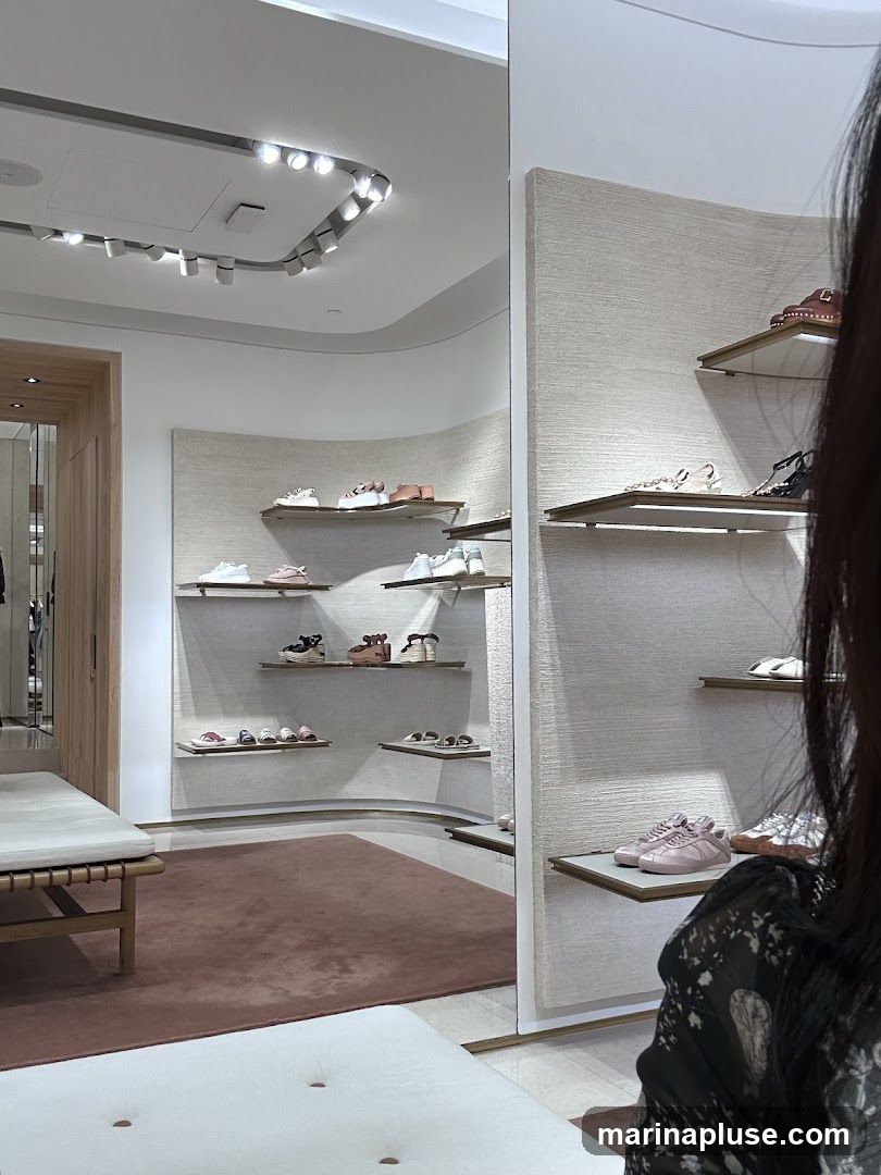 A well-lit shoe store interior with shelves displaying various footwear. The shelves are arranged on textured walls, and the floor is covered with a plush rug. Seating areas with benches are visible. The overall ambiance is clean and modern, with a focus on product display.