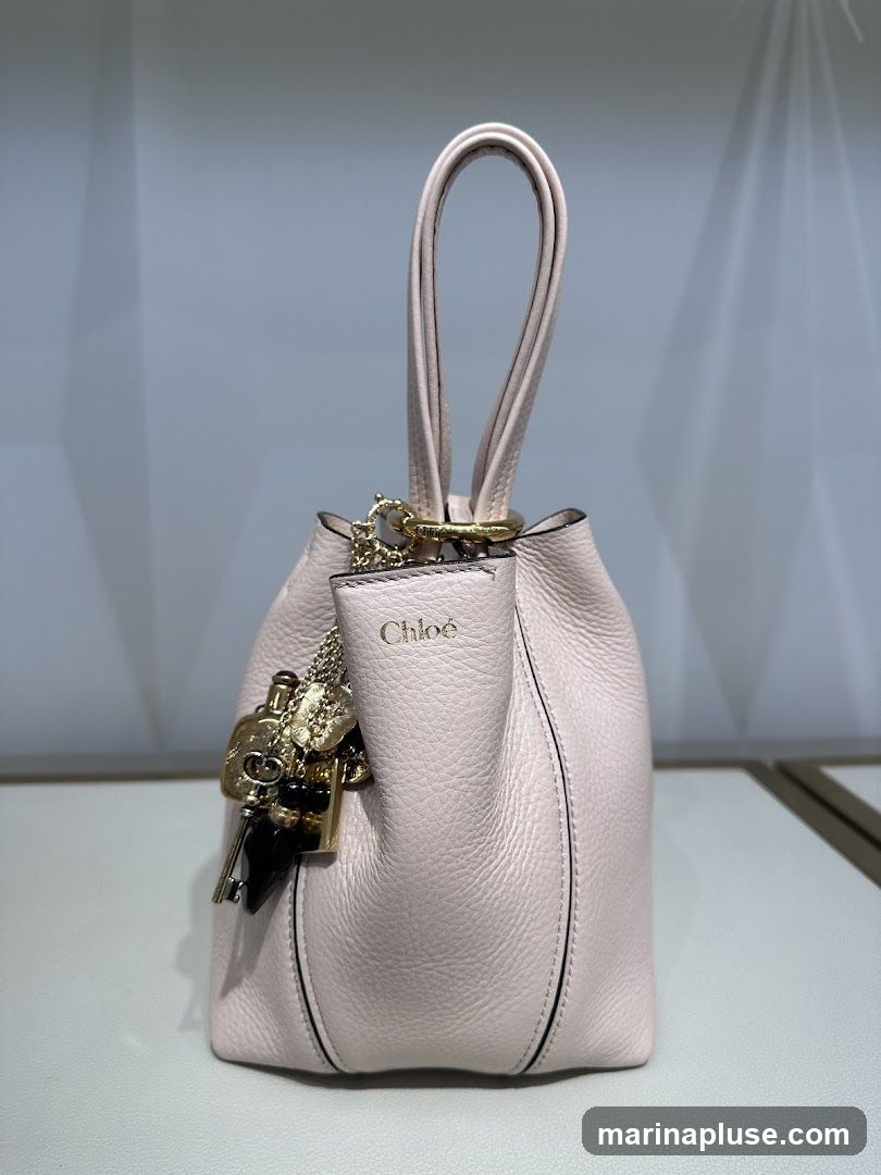 A light pink leather handbag with a single top handle and a drawstring closure. The bag is adorned with a collection of gold-toned charms, including keys and beads. The Chloe logo is embossed on the front of the bag. The handbag is displayed on a white surface with a blurred background.