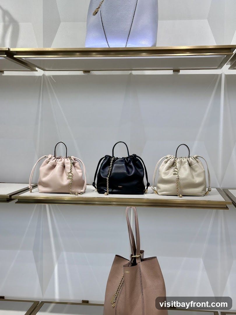 A display of several handbags on white shelves. The top shelf shows a light blue handbag. The middle shelf displays three smaller drawstring handbags in pale pink, black, and cream. The bottom shelf features a larger pale pink tote bag. All handbags appear to be designer items, with visible branding on some.