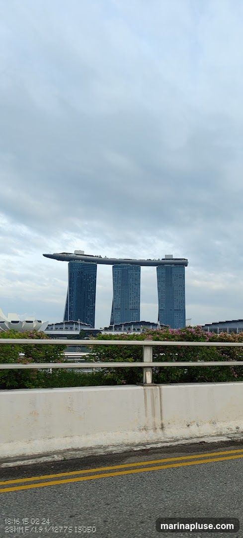 A view of the Marina Bay Sands hotel in Singapore under a cloudy sky. The iconic three towers are visible, connected by the SkyPark. In the foreground, there is a concrete barrier and a road with yellow lines. Lush greenery with pink flowers is planted behind the barrier.