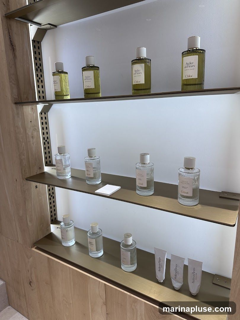 Shelves displaying various bottles of perfume and tubes of hand cream. The bottles are of different sizes and shapes, with labels indicating the brand "Chloé" and "Atelier de Fleurs". The hand cream tubes also have the "Atelier de Fleurs" branding. The display is set against a white wall with wooden accents.
