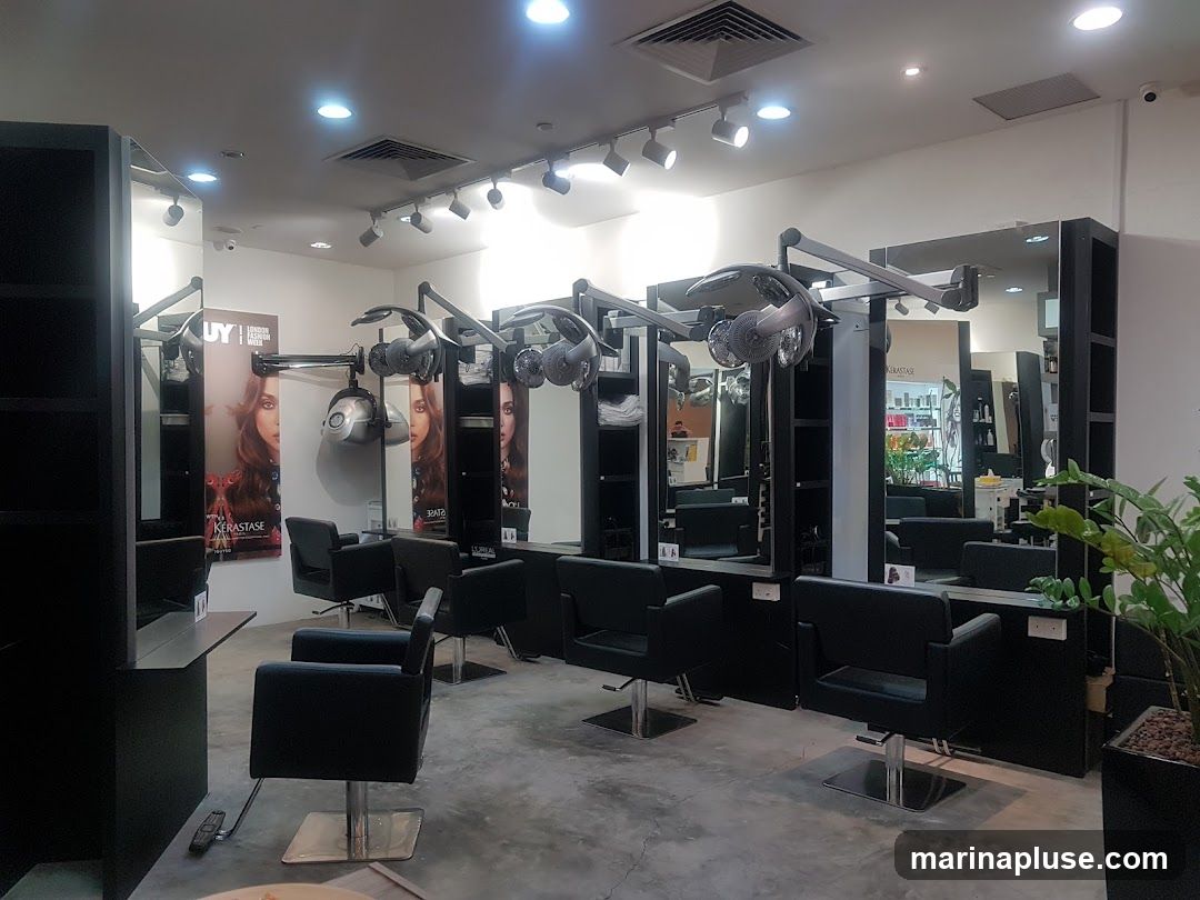 The interior of a modern hair salon with multiple styling stations, each equipped with a chair and a hair dryer. Large mirrors line the walls, reflecting the sleek black furniture and the bright overhead lighting. Promotional posters featuring models and hair products are displayed on the walls. A potted plant adds a touch of greenery to the space.