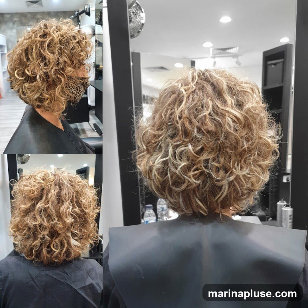 A woman with a new curly hairstyle, shown from multiple angles. The hair is a medium length bob with blonde highlights and a natural curl pattern. The background appears to be a hair salon with mirrors and styling equipment visible.