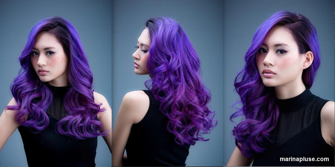 A triptych of a woman with long, wavy hair styled in a purple ombre. The woman is wearing a black sleeveless top. The background is a solid grey-blue.