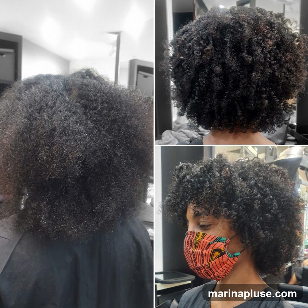 A collage of three images showing a woman's hair before and after a styling treatment. The left image shows her hair in its natural, voluminous state. The top right image shows the back of her head with styled, curly hair. The bottom right image shows the woman from the side, wearing a colorful face mask, with her newly styled curly hair framing her face.