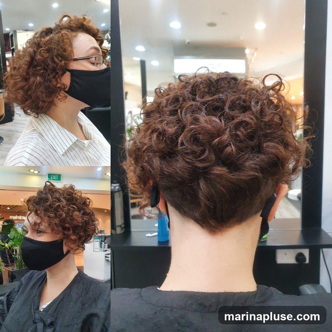 Collage of a woman with a new curly haircut. The images show her from the side and the back. She is wearing glasses and a black face mask. The background appears to be a hair salon with mirrors and lighting.