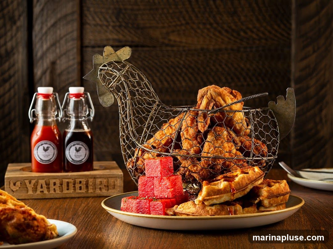 A wire chicken basket filled with fried chicken pieces sits on a plate with waffles and cubed watermelon. Two small bottles of sauce are in the background, resting on a wooden block with the word "YARDBIRD" carved into it.