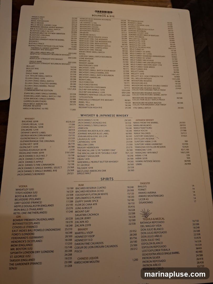 A menu featuring a wide selection of bourbons, ryes, whiskeys, Japanese whiskies, spirits, and tequilas.