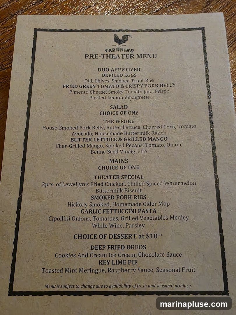 A pre-theater menu with appetizer, salad, main, and dessert options.