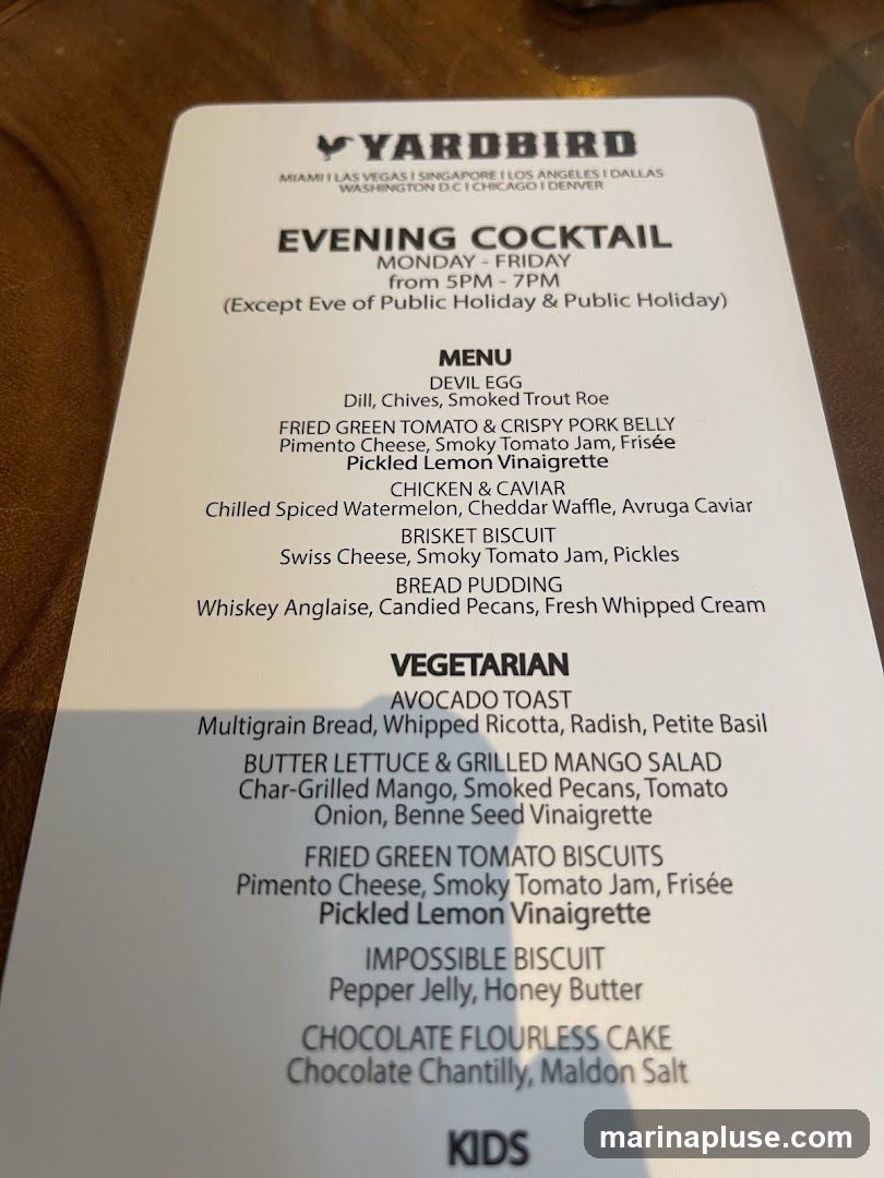 Menu for Yardbird featuring Evening Cocktail specials, a general menu, and vegetarian options.