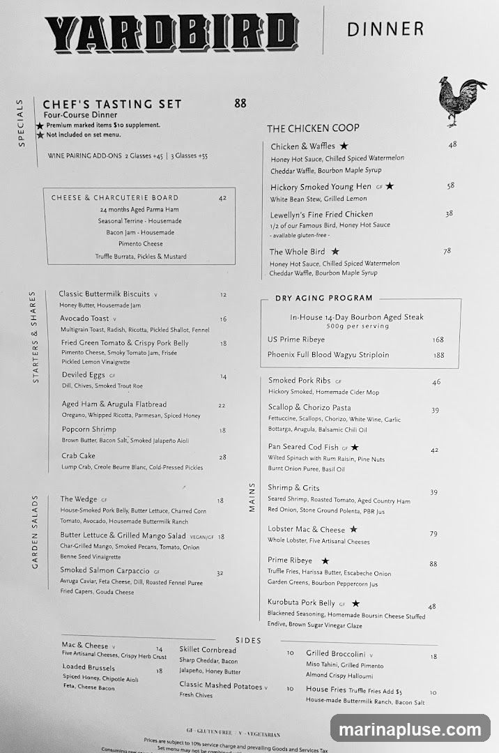 A dinner menu for Yardbird restaurant.