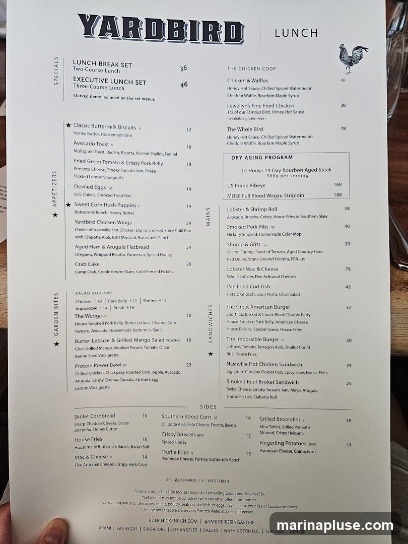 Menu for Yardbird restaurant featuring lunch specials, appetizers, mains, sandwiches, and sides.
