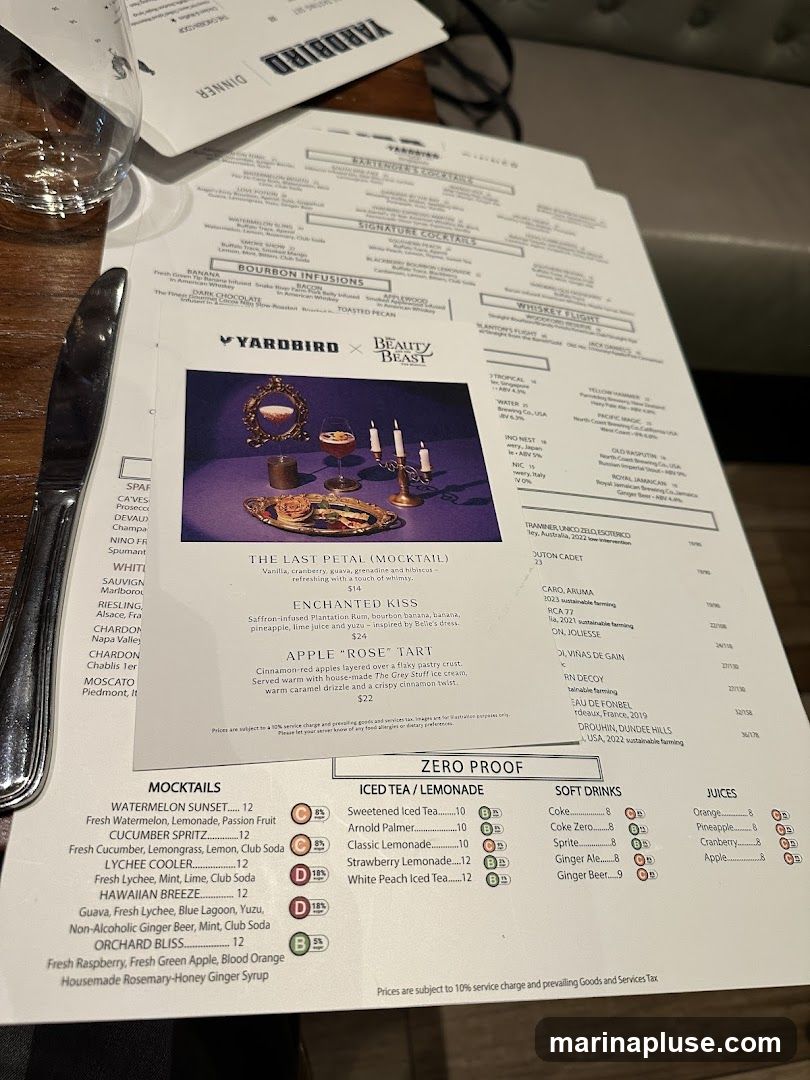 Menu featuring cocktails, mocktails, zero proof drinks, soft drinks, and juices.
