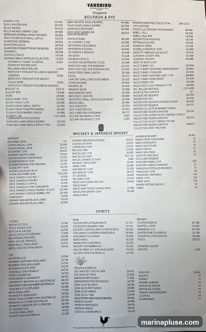 Menu for Yardbird Southern Table & Bar, featuring Bourban & Rye, Whiskey & Japanese Whisky, Spirits, Rum, Brandy, Tequila & Mezcal, and Digestifs.