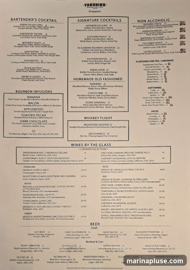 A menu from Yardbird Singapore featuring cocktails, bourbon infusions, whiskey flights, wines by the glass, and beer.