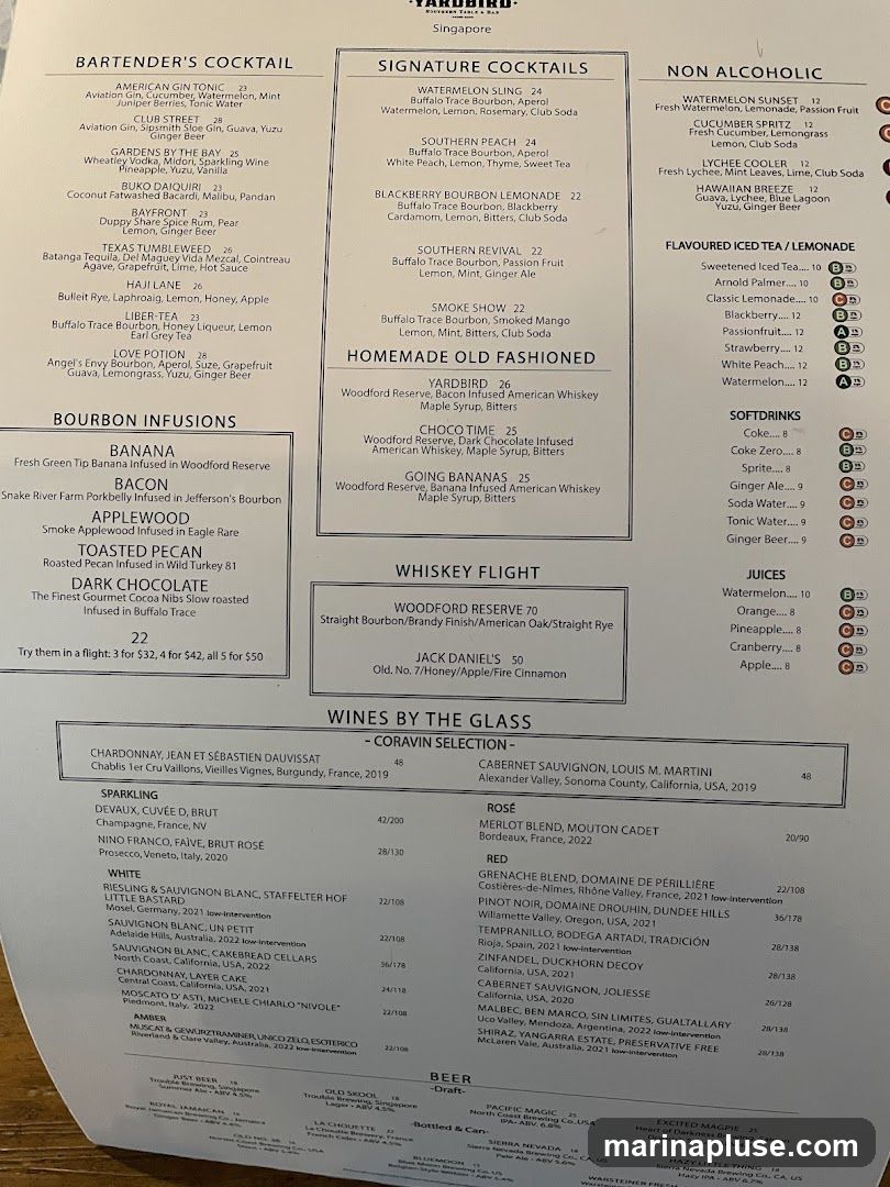 Cocktails, non-alcoholic drinks, iced teas, soft drinks, juices, whiskey flights, and wines by the glass.