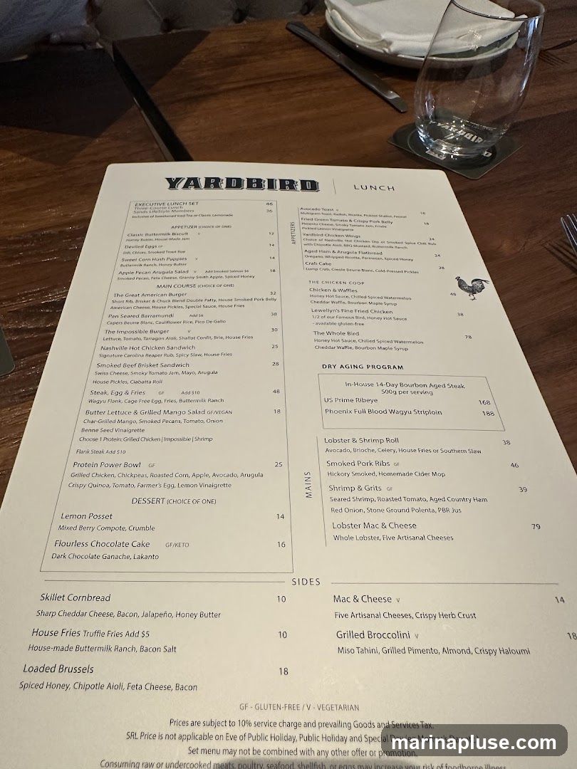 A lunch menu with appetizers, mains, sides, and desserts.